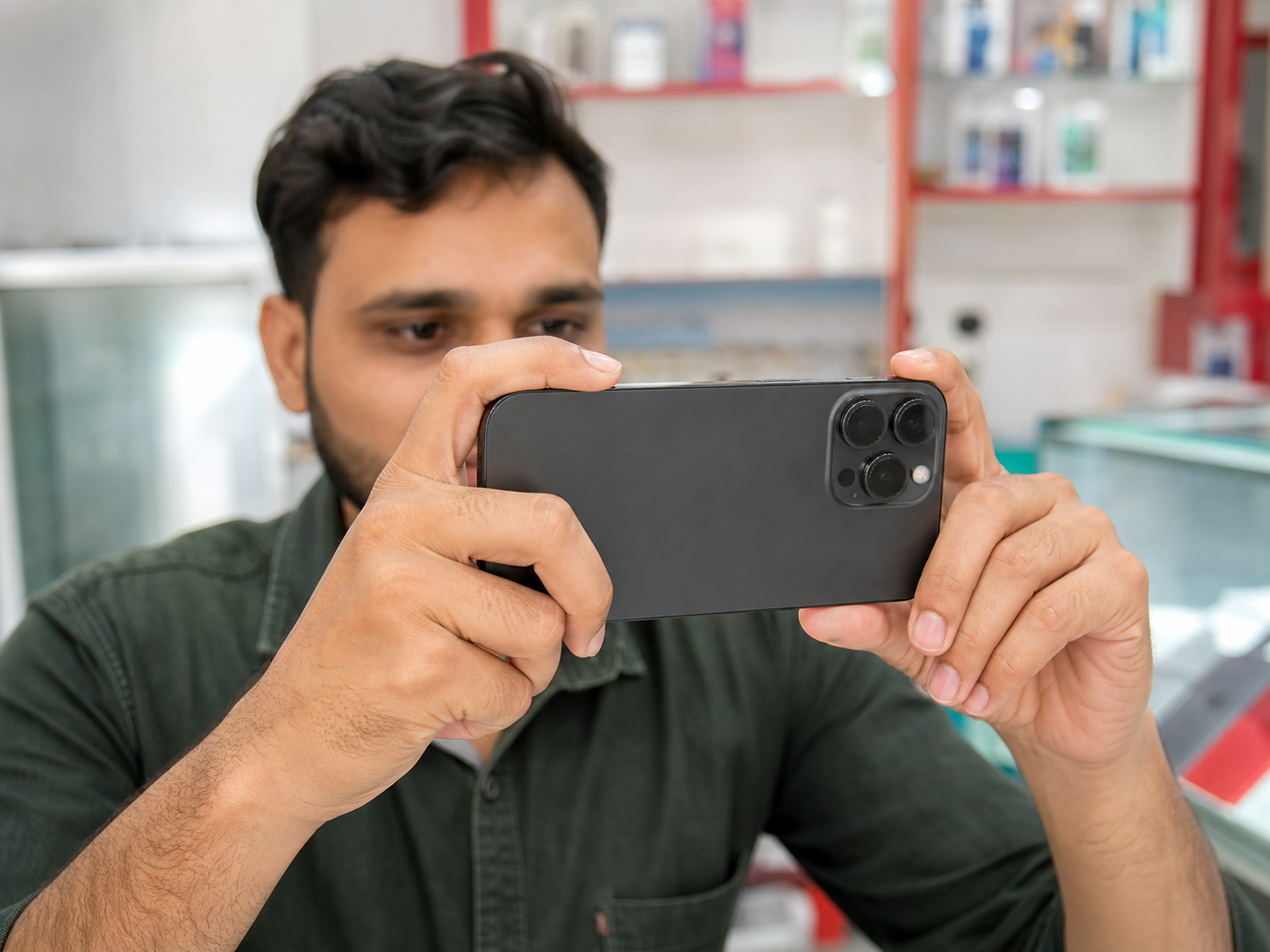 Customer testing a smartphone camera in a real mobile shop